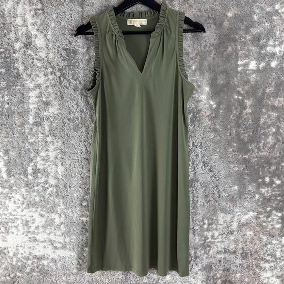 Michael Kors Sz S Minimalist Cocktail V Neck Dress Olive Green Sleeveless Ruffle - Picture 1 of 7